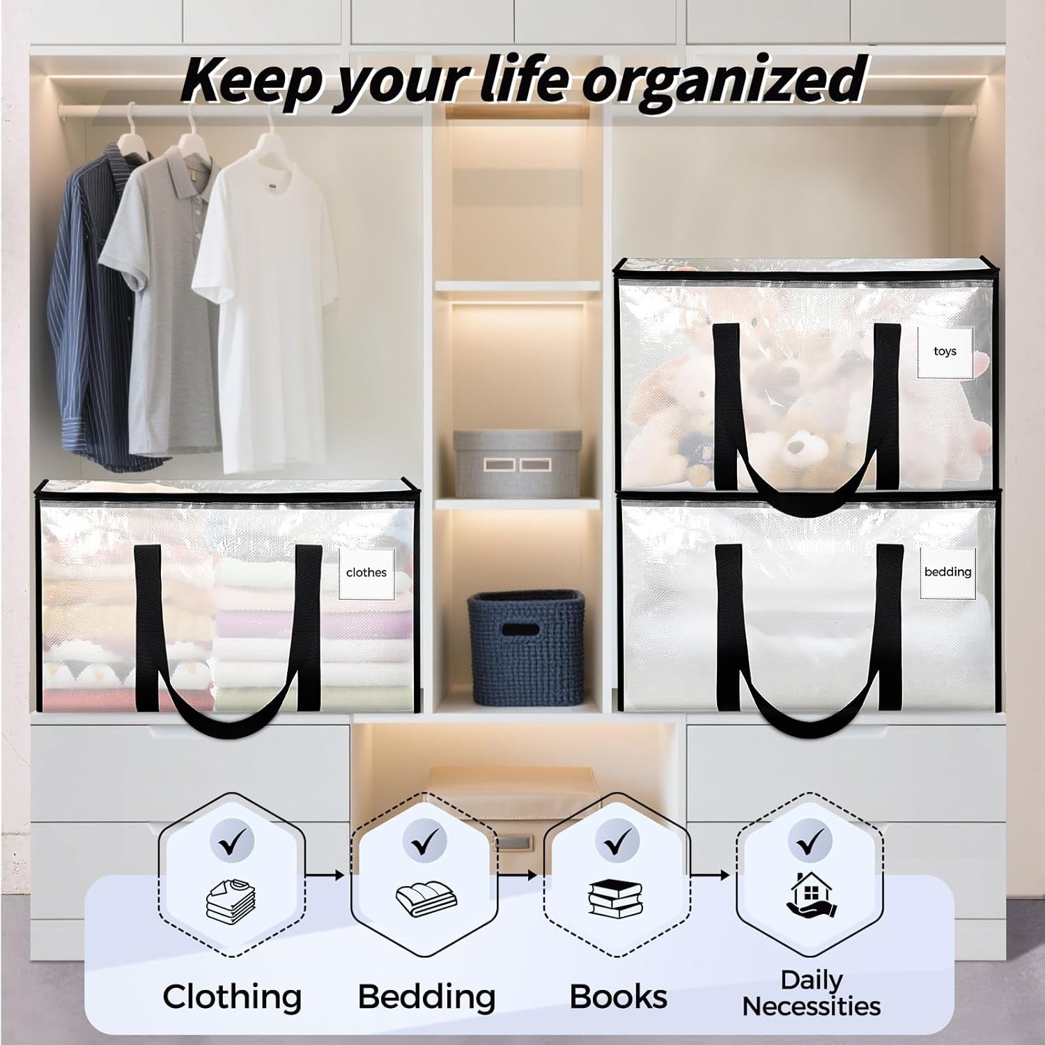 8 Pack Extra Large Heavy Duty Moving Bags, Clear Storage Bins with Lids, Reinforced Handles & Heavy-Duty Zippers Moving Boxes Storage Bags Totes for Clothes Packing, Dorms, College Supplies, Clear