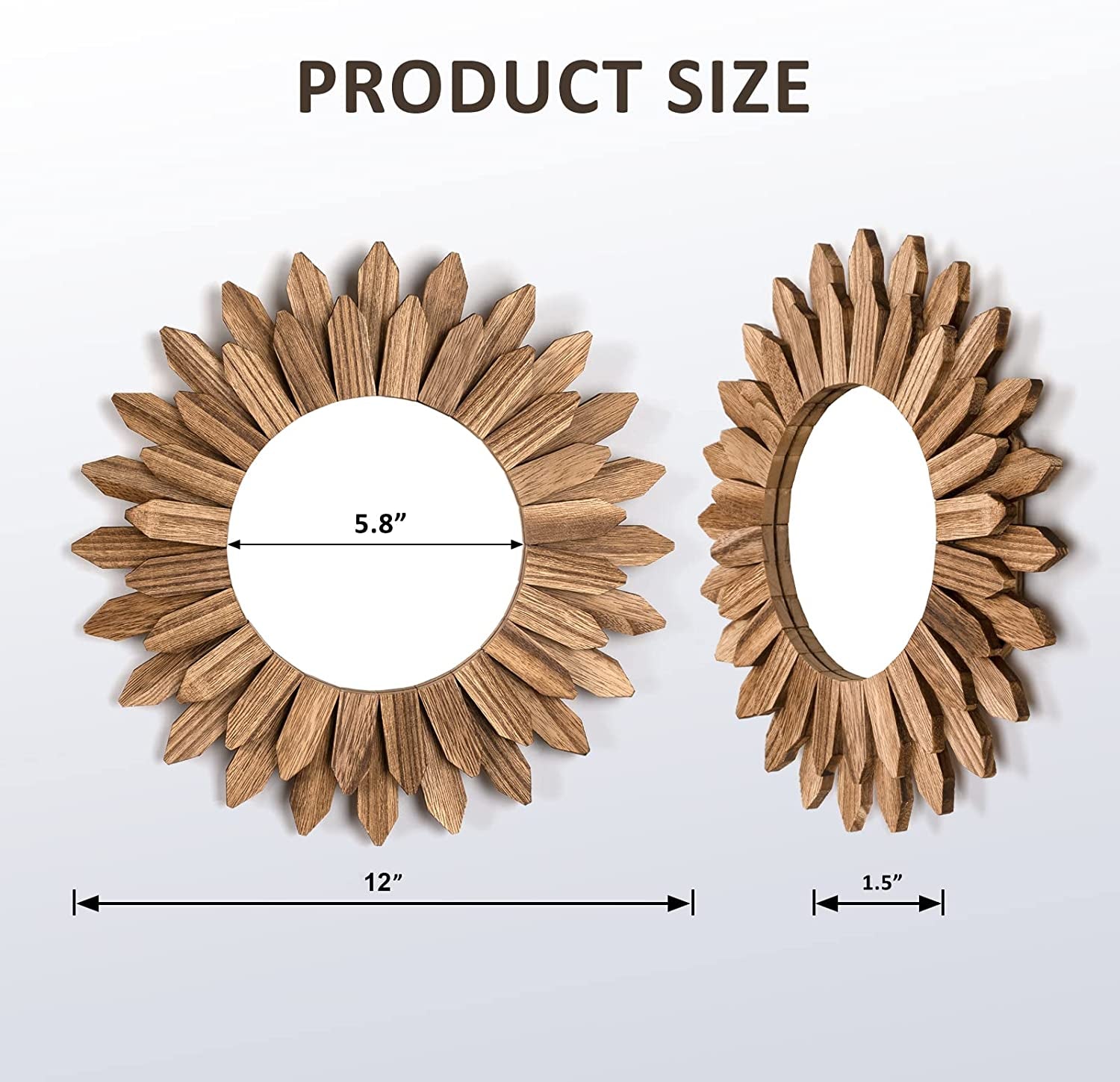 Wall Mirror Decorative 12 Inch Rustic Wood Mirror Sunburst Boho Mirror for Entryway Bedroom Living Room Bathroom House Warming Gifts New Home Essential Carbonized Black