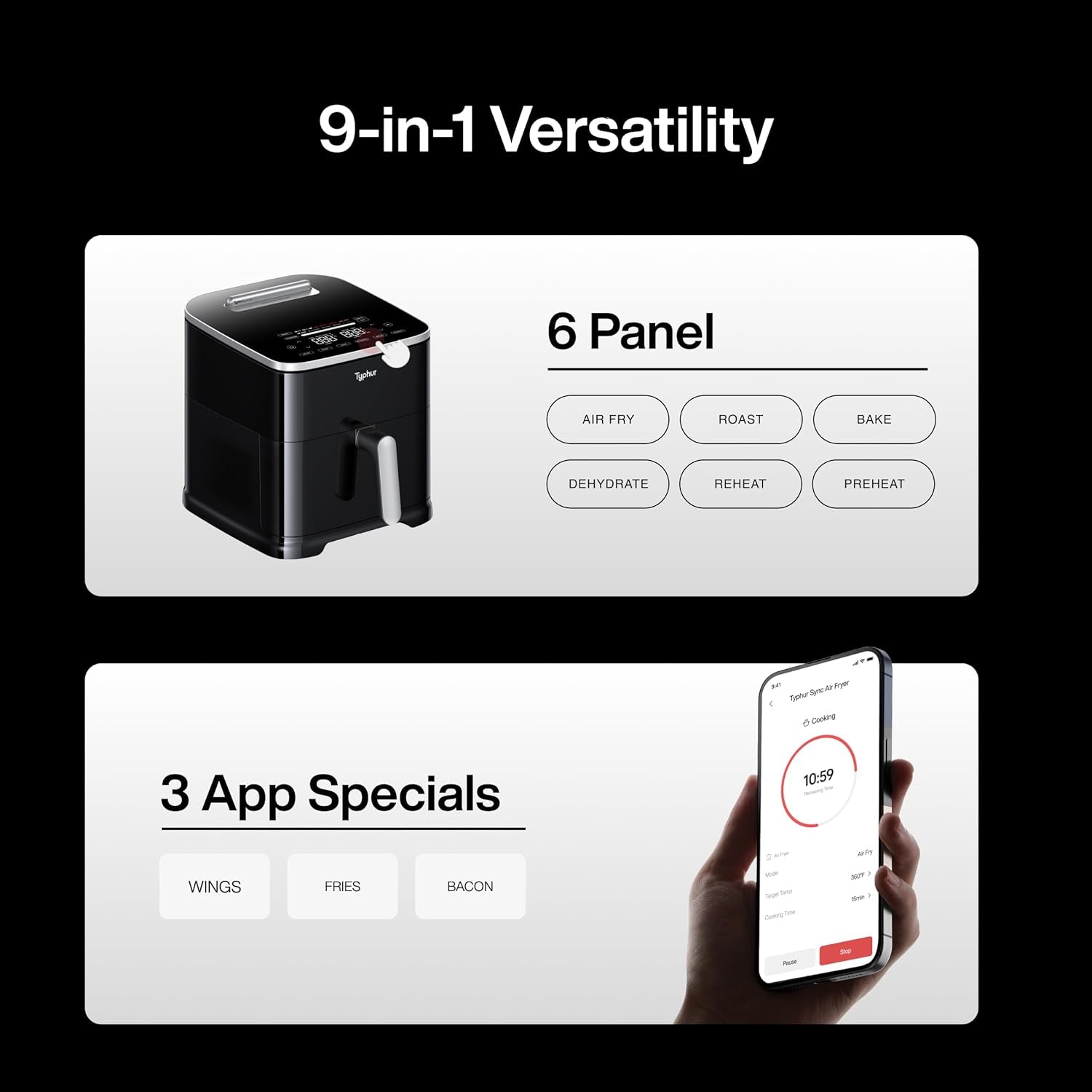 Sync 8QT AI Smart Air Fryer with Built-In Wireless Meat Thermometer, 9-In-1 XL Non Toxic Ceramic Airfryer, 450°F Max, Cooks 6Lb Whole Chicken, Quiet & Dishwasher Safe, 120V