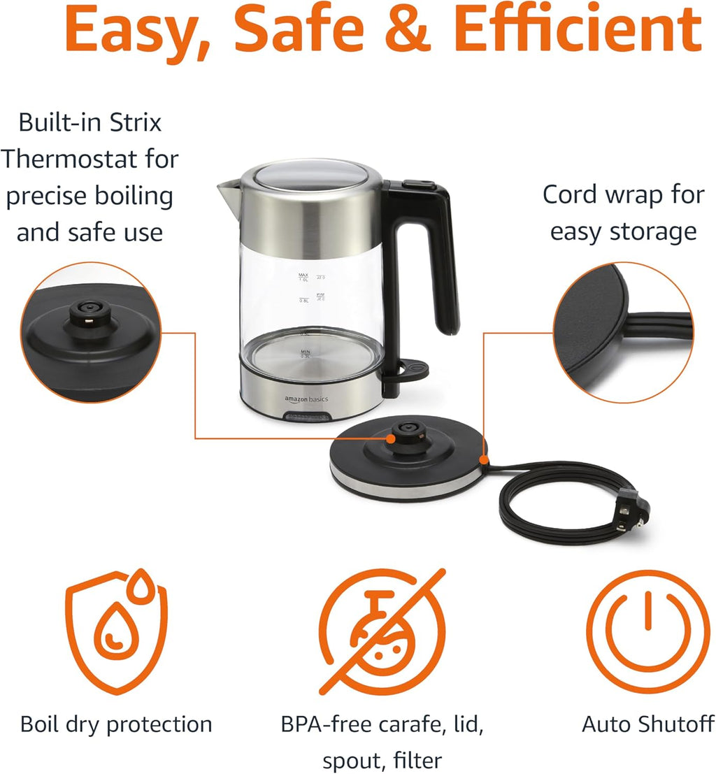 Electric Kettle with Glass Carafe for Tea and Coffee, Bpa-Free, Fast Boiling, Auto Shut-Off, Boil-Dry Protection, Water Level Indicator, 1.7 Liter, 1500W, Black and Silver