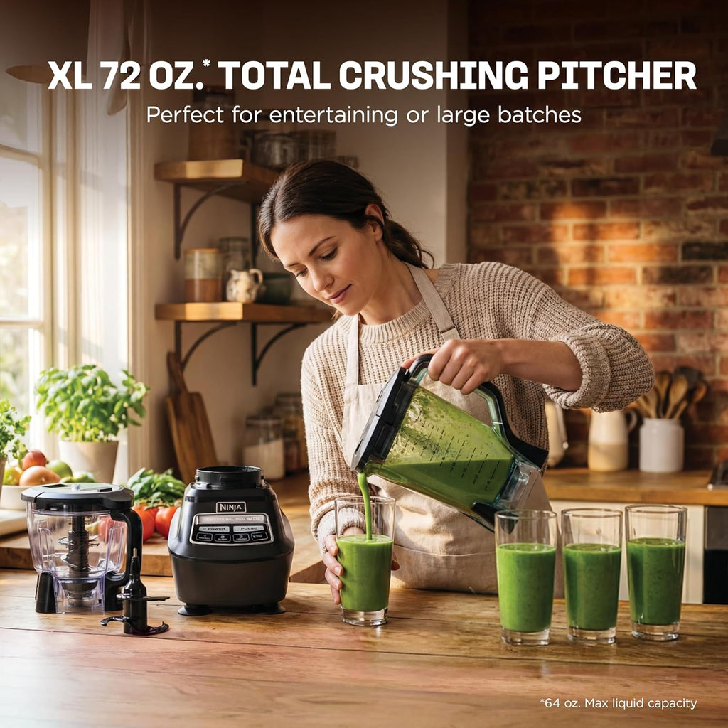 Ninja Kitchen System | All-In-One Food Processor & Blender for Smoothies | Includes Pitcher, (2) 16 Oz. To-Go Cups & 8-Cup Bowl | Makes Salsa, Dough, Shakes, & Frozen Drinks | 1500W | Black | BL770