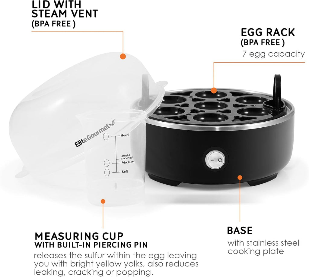 EGC115B Easy Egg Cooker Electric 7-Egg Capacity, Soft, Medium, Hard-Boiled Egg Cooker with Auto Shut-Off, Measuring Cup Included, BPA Free, Classic Black
