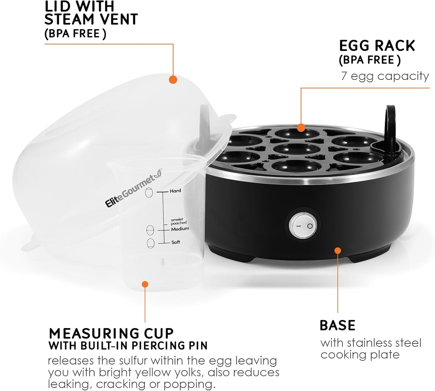 EGC115B Easy Egg Cooker Electric 7-Egg Capacity, Soft, Medium, Hard-Boiled Egg Cooker with Auto Shut-Off, Measuring Cup Included, BPA Free, Classic Black