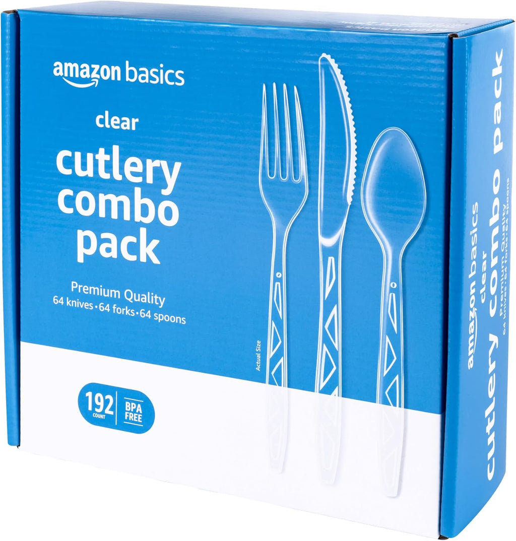 Disposable Clear Plastic Cutlery Set, Premium Quality, Strong, 192 Count, Large Combo Pack Forks, Spoons and Knives