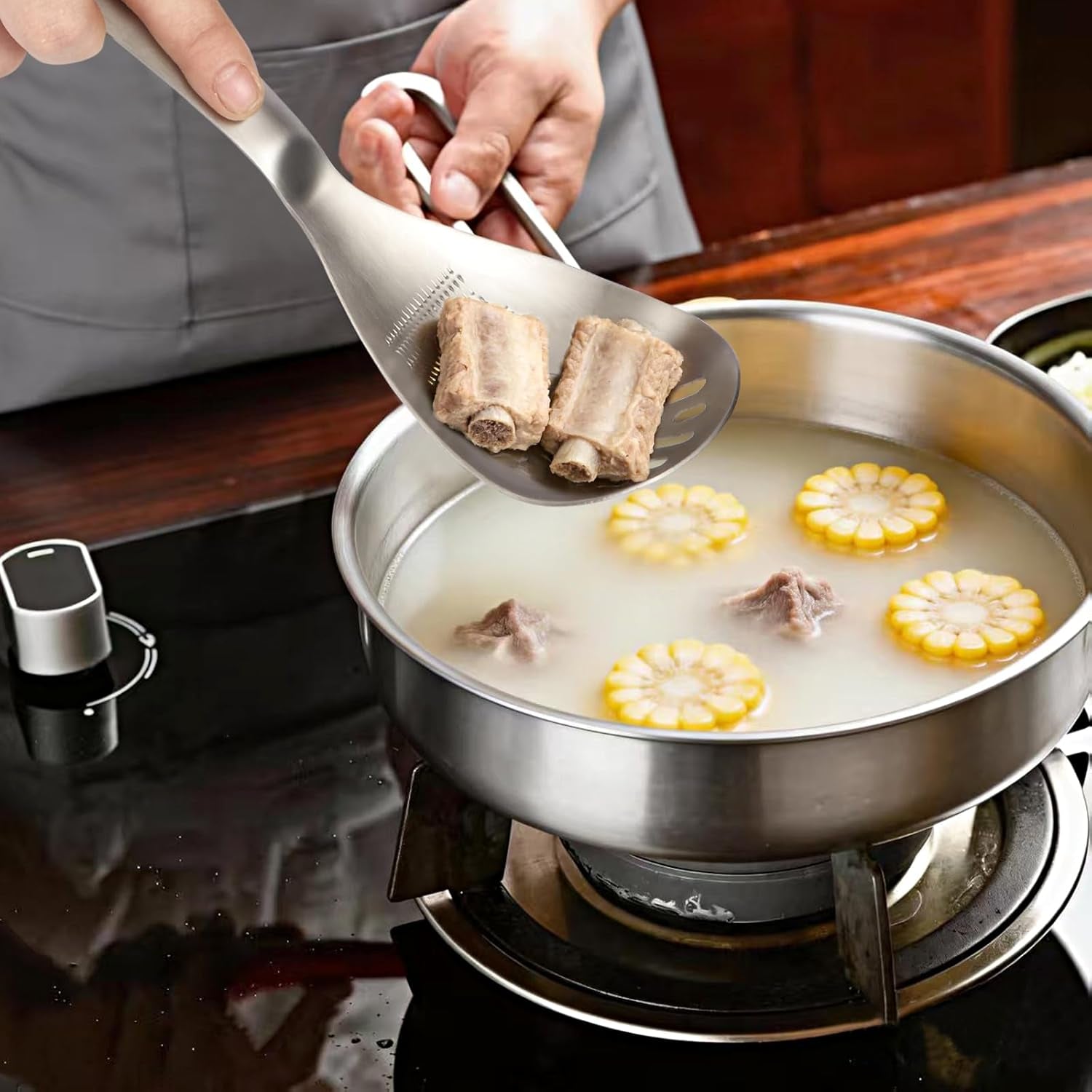 Multifunctional 5-In-1 Cooking Spoon, 18/8 304 Stainless Steel Kitchen Tool for Potato Masher, Egg Separator, Bottle Opener and Mixing Stirrer