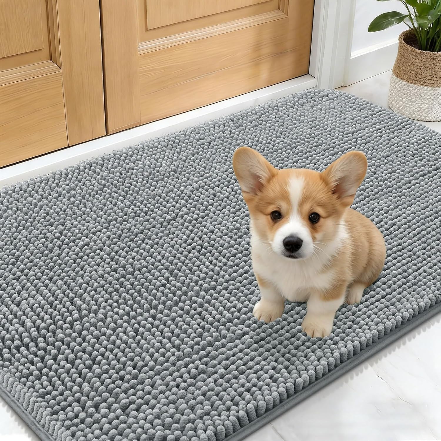 Dog Door Mat for Muddy Paws 24X16, Absorbs Moisture and Dirt, Absorbent Non-Slip Washable Doormat, Quick Dry Chenille Mud Mat for Dogs, Entry Indoor Entryway Carpet for inside Floor, Grey