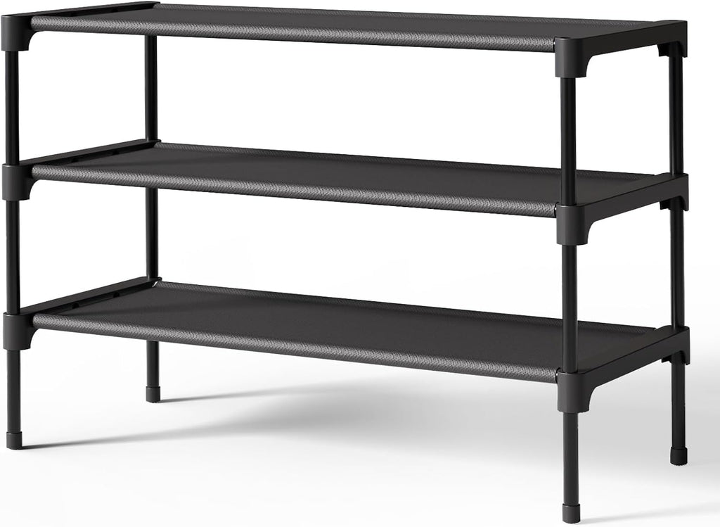 Shoe Rack - Non-Woven Shoe Rack Shelf, Shoe Organizer for Closet, Entryway, Garage & Corridor, Stackable Shoe Shelves, 27.5" Wide - 3 Tier, Black