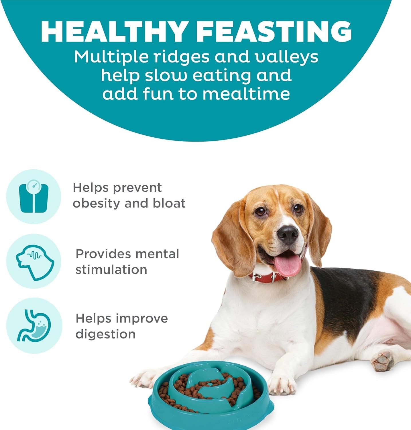 Fun Feeder Slo Bowl – Medium 2‑Cup Capacity, Slow Feeding, Small to Medium Dogs & Cats, Non-Slip, Turquoise, Drop Pattern