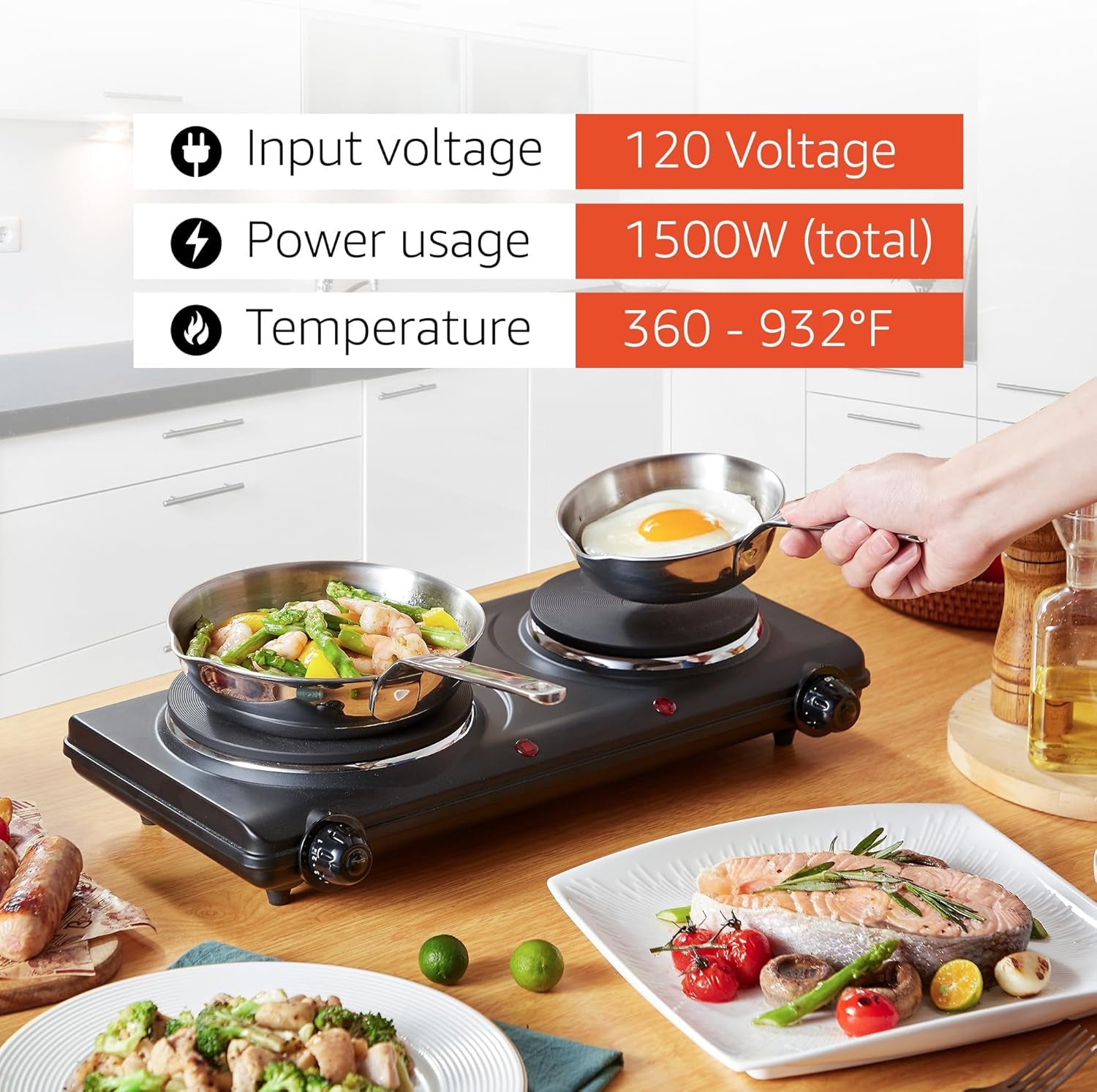 EDB-302BF# Countertop Double Cast Iron Burner, 1500 Watts Electric Hot Plate, Temperature Controls, Power Indicator Lights, Easy to Clean, Black