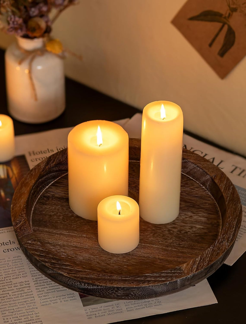 Candle Plate Holder Tray: round Wood Decorative Candle Plate - Rustic Farmhouse Coffeetable Decor - Tealight Pillar Trays for Home Decor (Distressed)