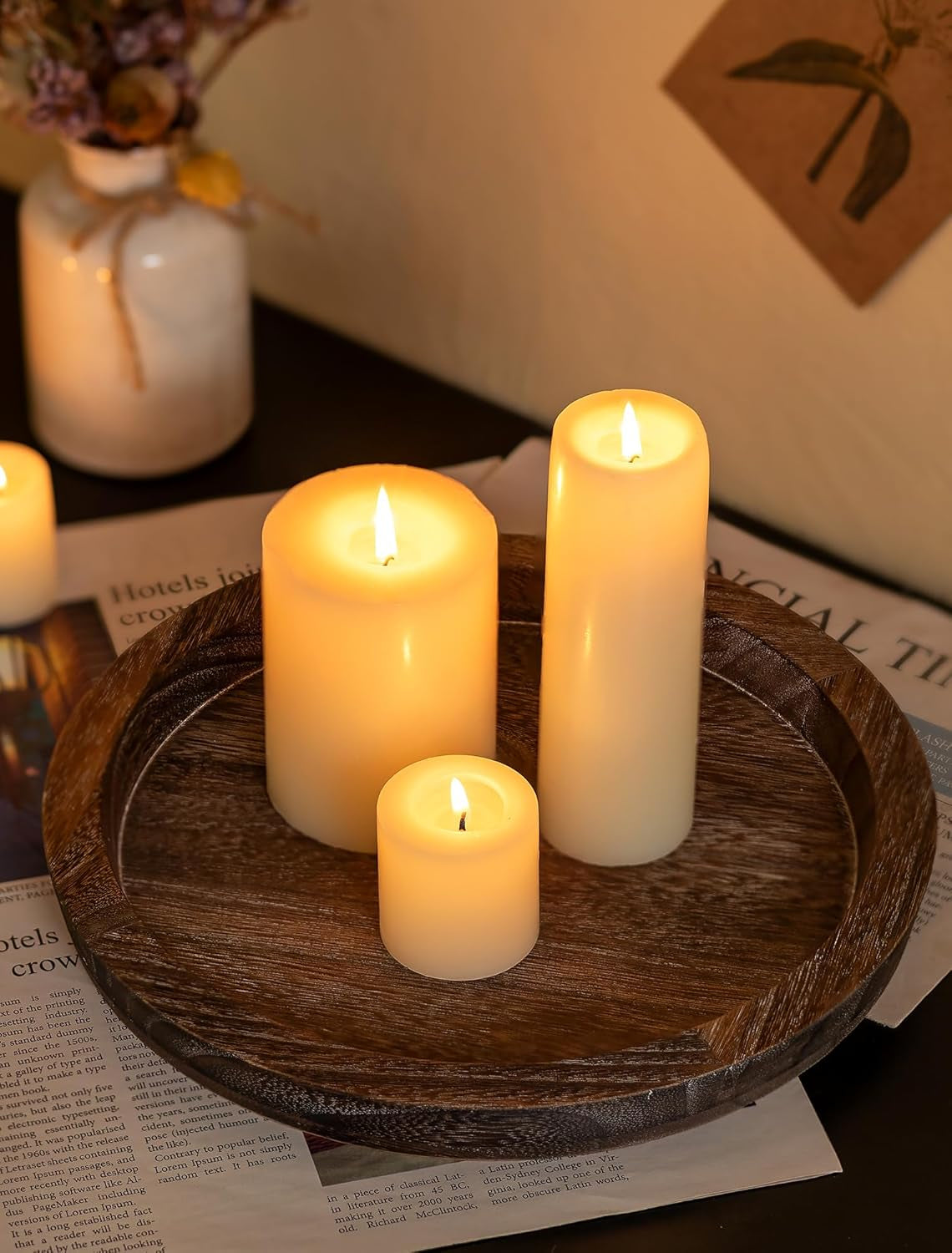 Candle Plate Holder Tray: round Wood Decorative Candle Plate - Rustic Farmhouse Coffeetable Decor - Tealight Pillar Trays for Home Decor (Distressed)