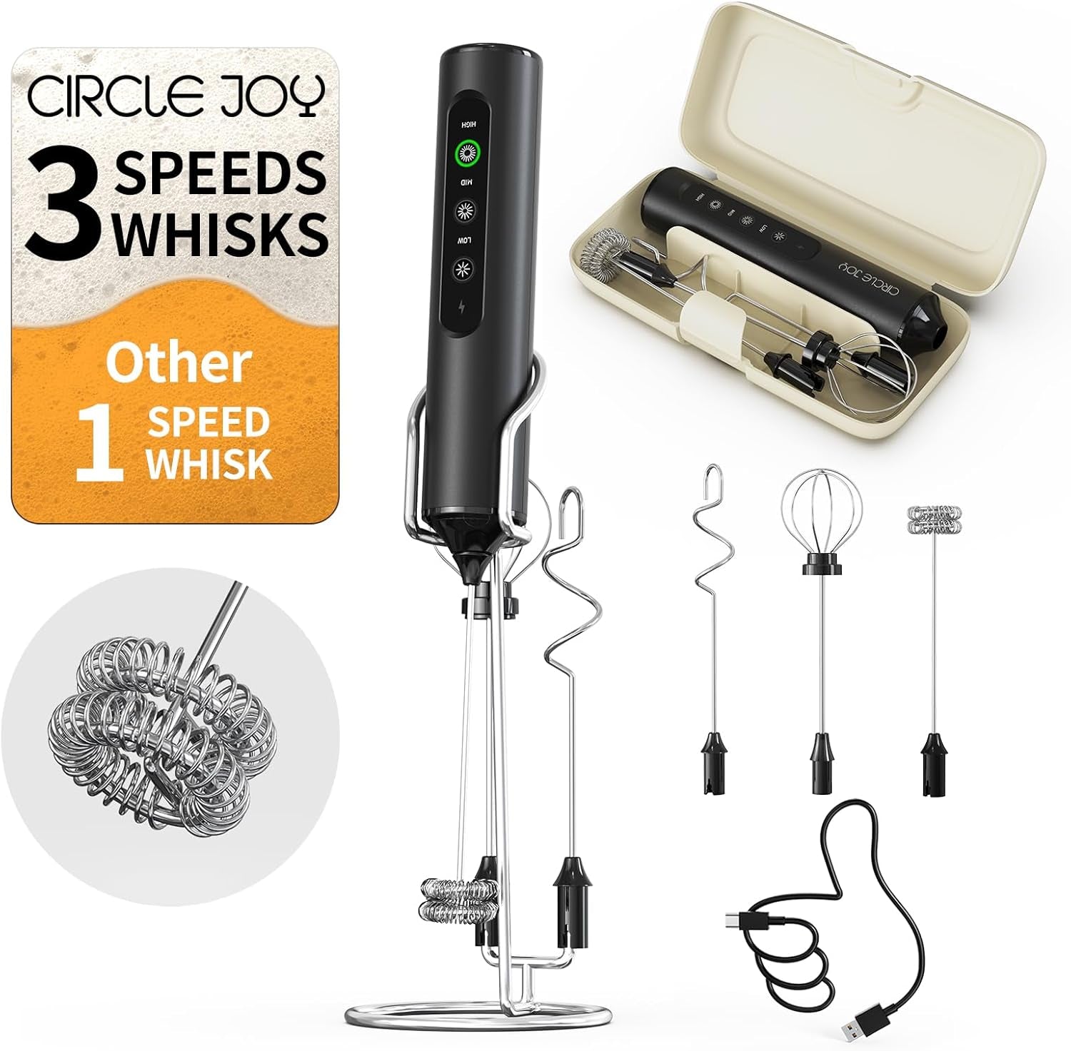 Rechargeable Handheld Milk Frother Wand with Stand, 3 Variable Speeds, 3 Whisks and Storage Box, Electric Drink Mixer for Latte, Cappuccino, Hot Chocolate, Eggs and Protein Powder, Black