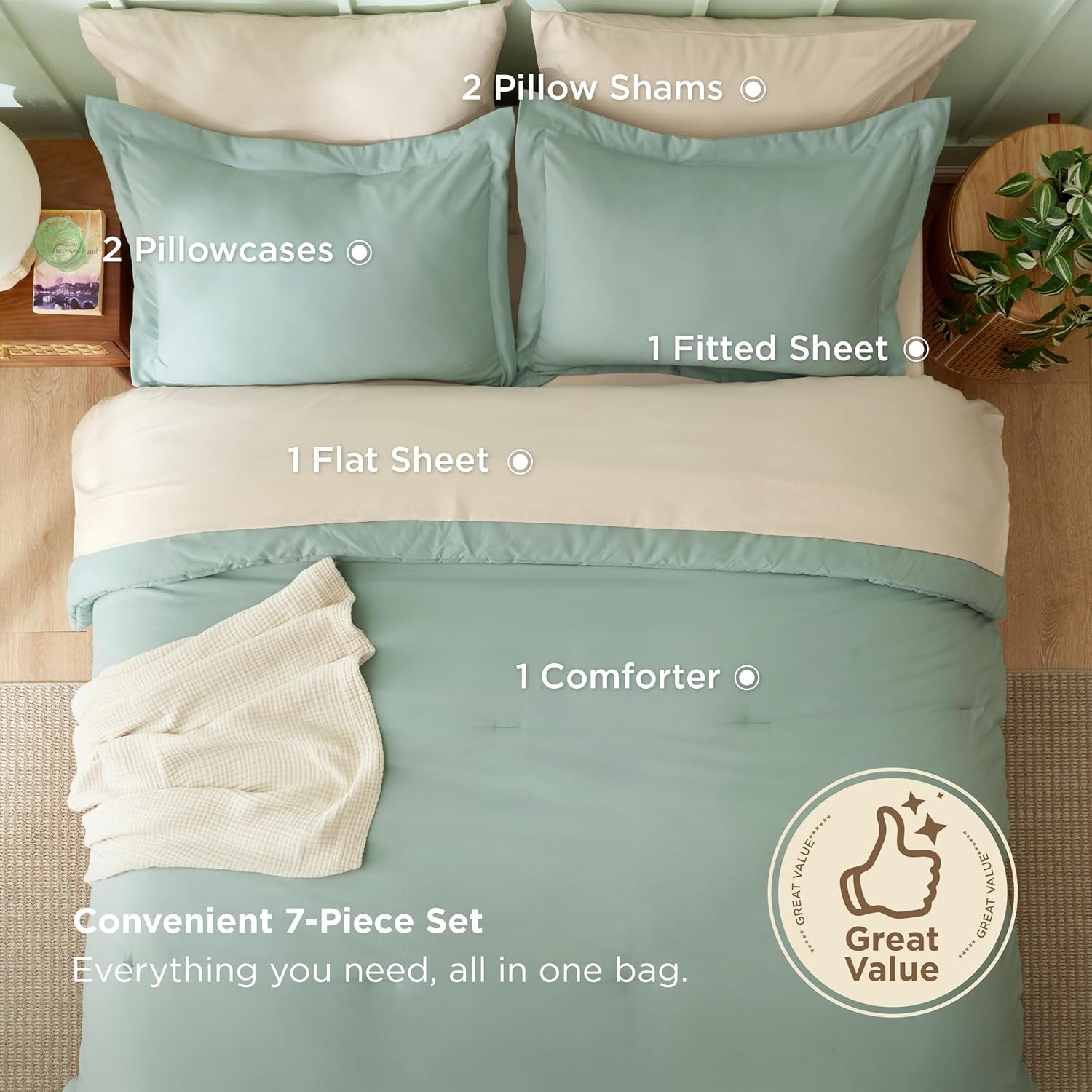 Bedsure Queen Comforter Set - 7 Pieces Sage Green Queen Bedding Set for All Seasons, Boho Contrasting Design Bed in a Bag with Comforter, Sheets, Pillowcases & Shams