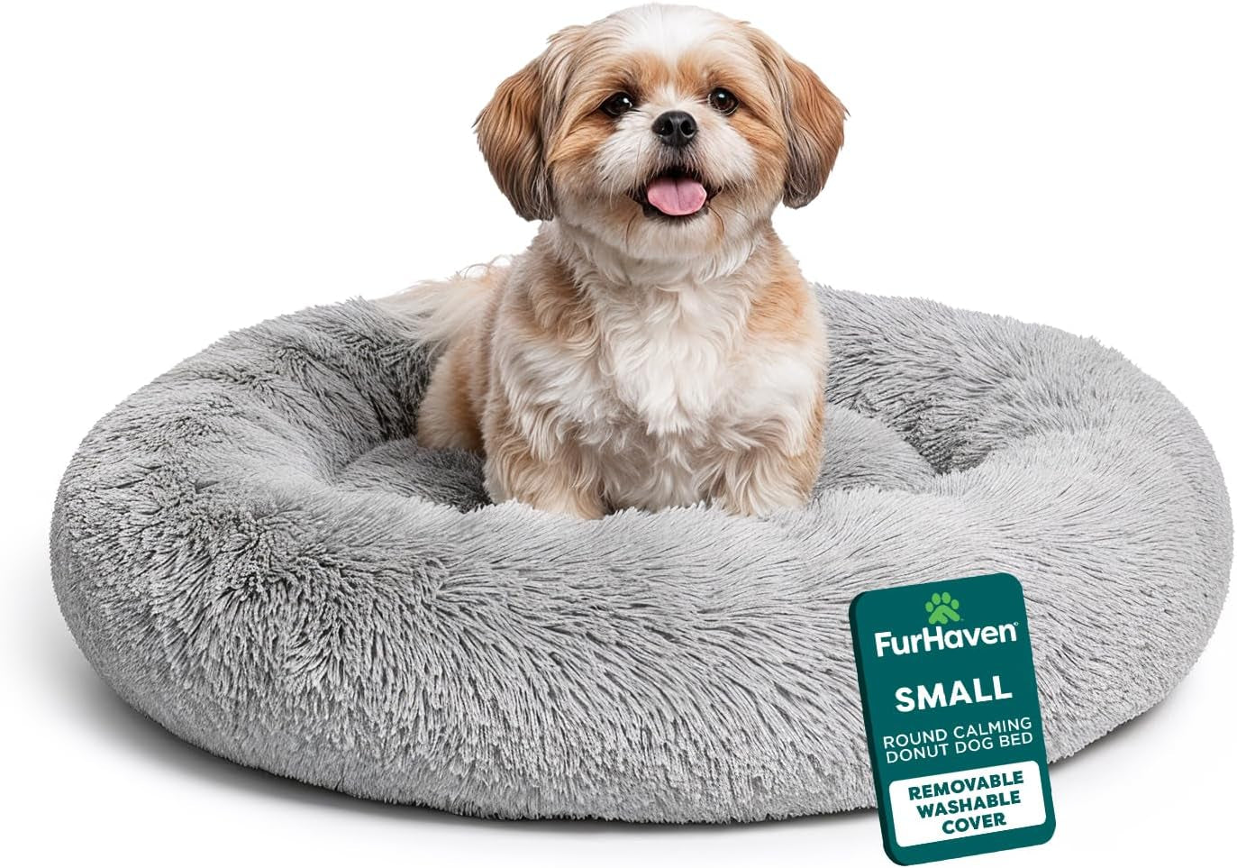 23" Calming Donut Dog Bed for Small Dogs & Cats, round Plush Donut Design with Soft Filling for Snuggling Comfort, Removable Washable Cover, Small, Shaggy Faux Fur, Mist Gray