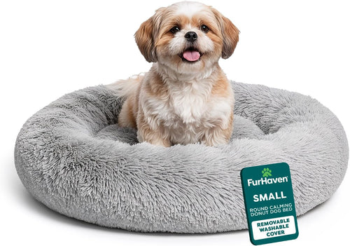 23" Calming Donut Dog Bed for Small Dogs & Cats, round Plush Donut Design with Soft Filling for Snuggling Comfort, Removable Washable Cover, Small, Shaggy Faux Fur, Mist Gray