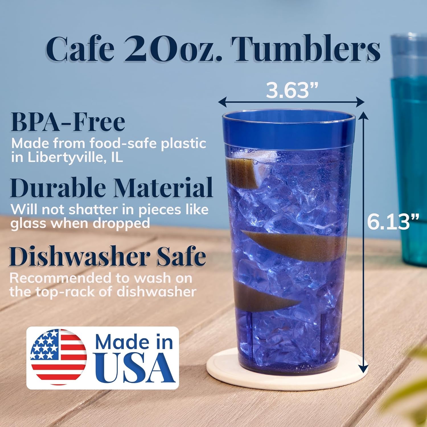 Cafe Plastic Reusable Tumblers (Set of 16) 20-Ounce Water Cups Coastal Colors | Restaurant Style Drinking Glasses Value Set, Stackable, Bpa-Free, Made in the USA | Top-Rack Dishwasher Safe