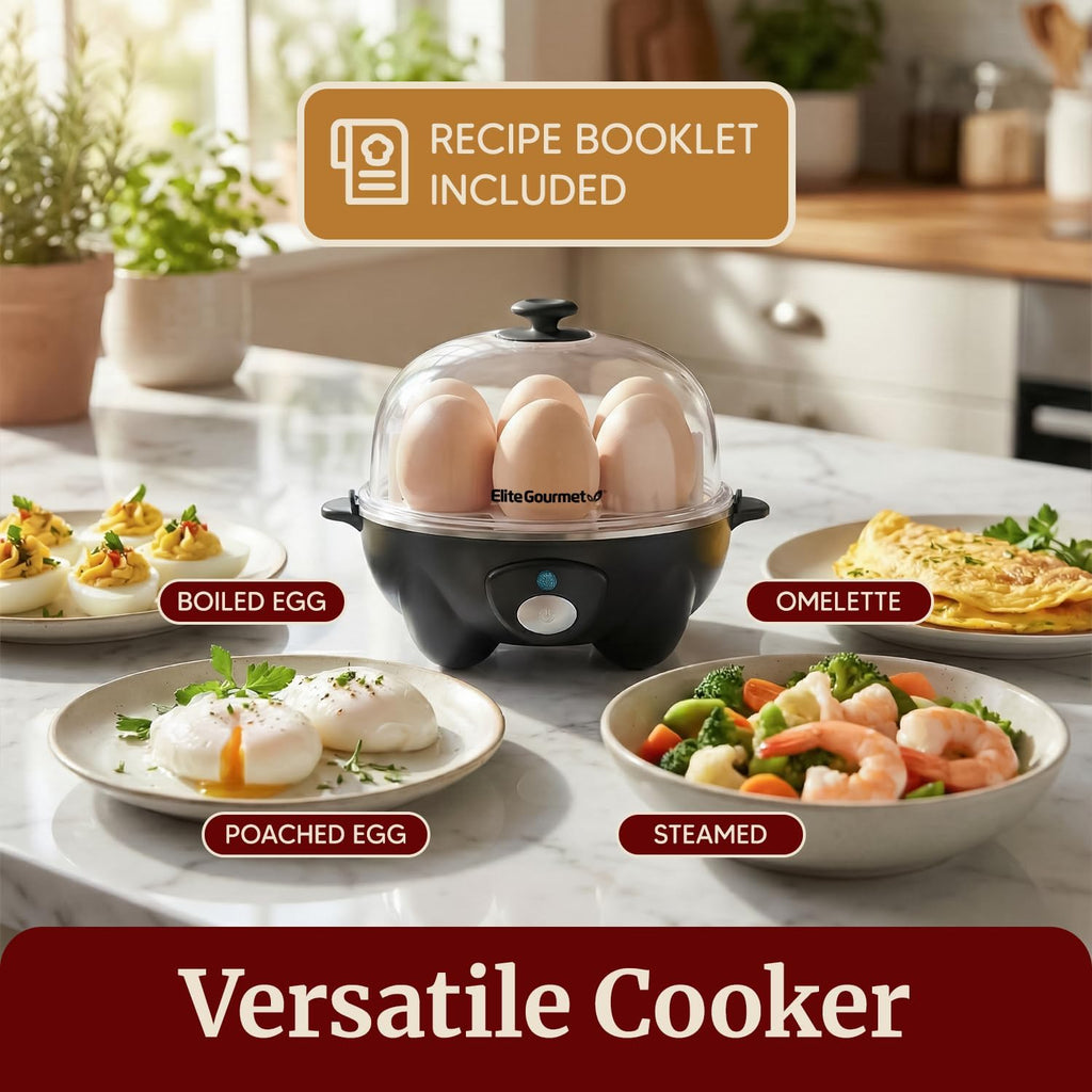 EGC-007B# Rapid Egg Cooker, 7 Easy-To-Peel, Hard, Medium, Soft Boiled Eggs, Poacher, Omelet Maker, Auto Shut-Off, Alarm, 16-Recipe Booklet, Black