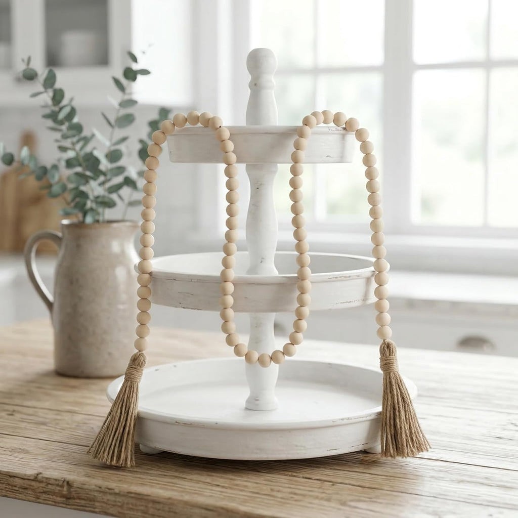 Farmhouse Beads Long Length Solid Wood Bead Boho Tassel Garland - Rustic Country Solid Beaded Boho Chic Decor for Wall, above Cabinet & Table