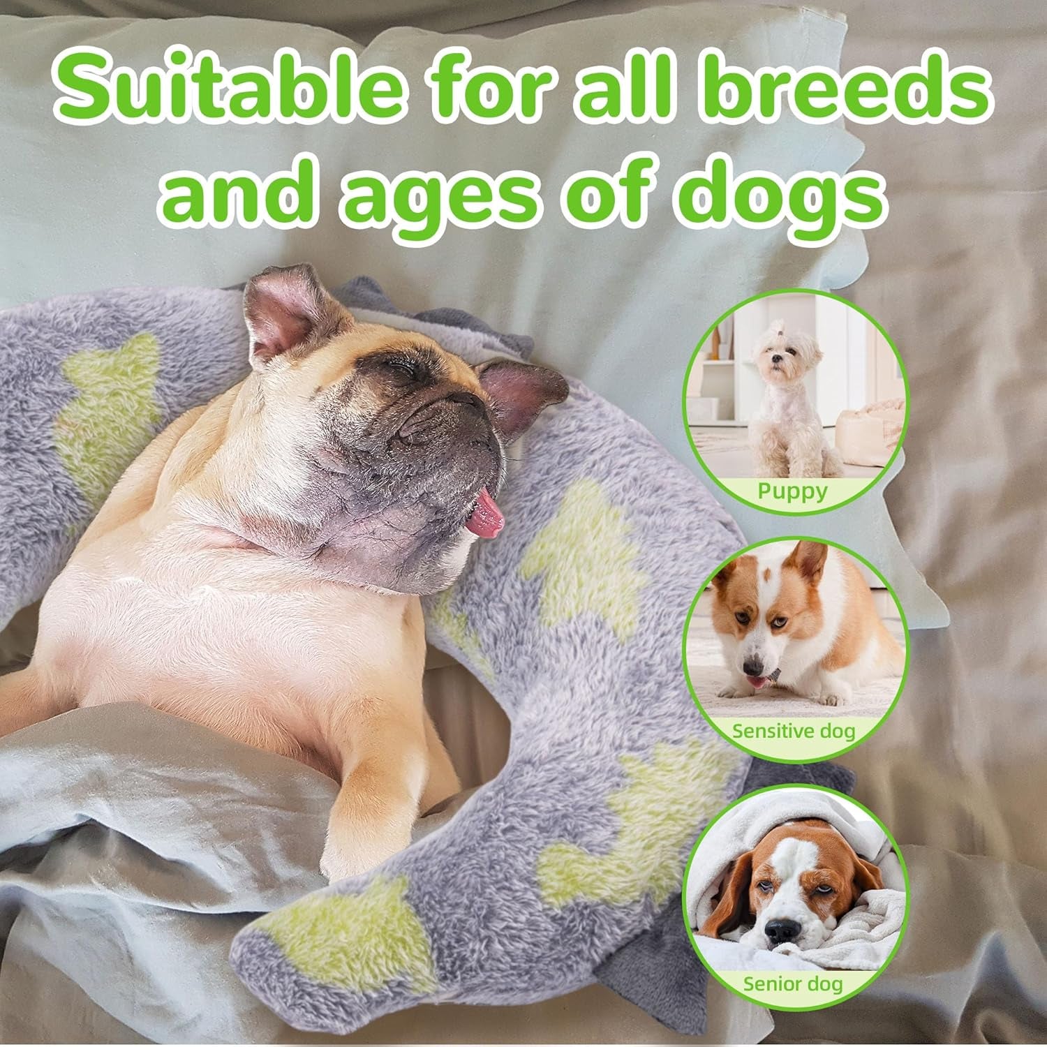 Dog Calming Pillow - Cute Soft Animal Pillow for Dogs, Cats, Kids, Adults, Washable Cozy Relaxing Pet Bed Pillow, Glow in the Dark Dog Neck Pillow (Grey, Large)