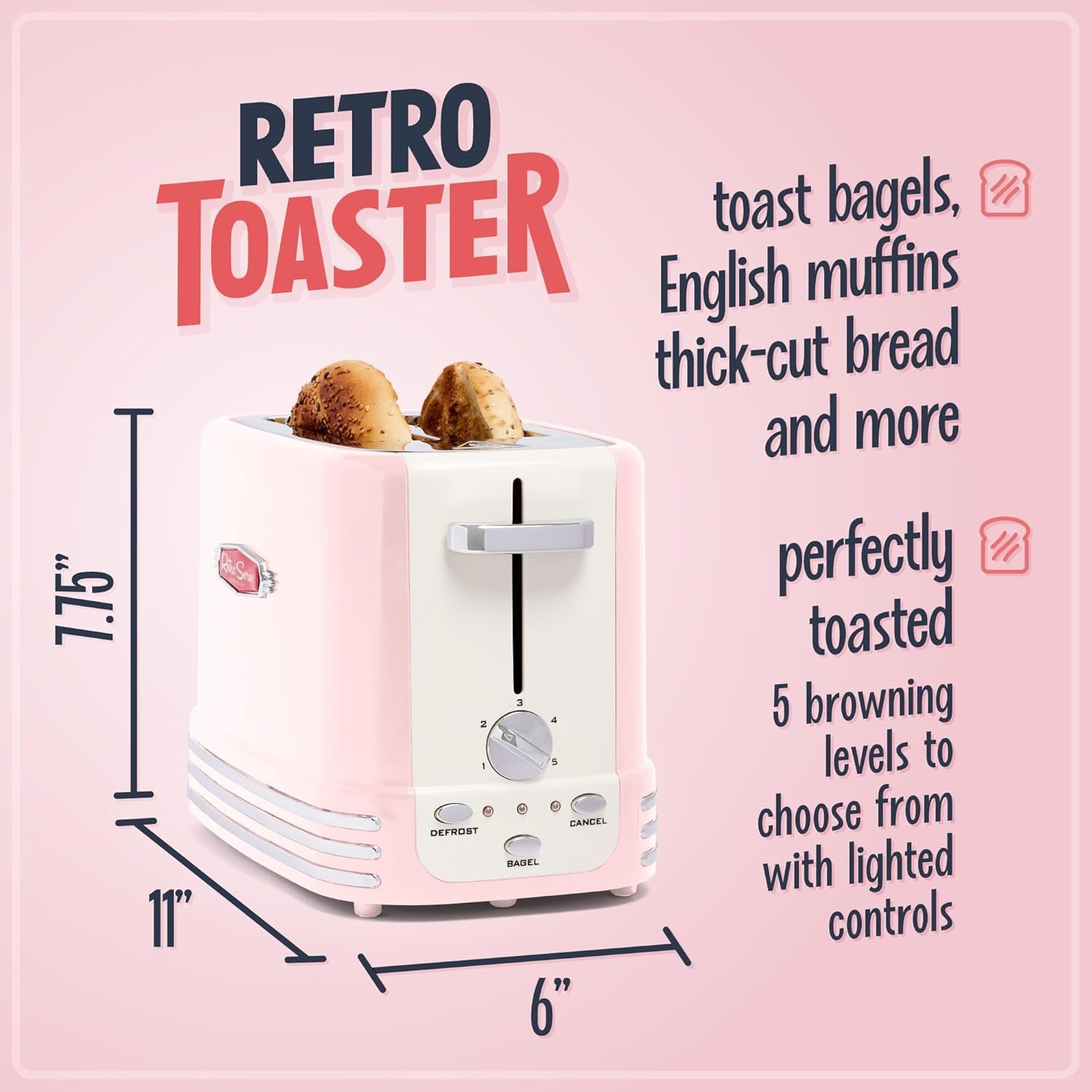 Retro Wide 2-Slice Toaster, Vintage Design with Crumb Tray, Cord Storage & 5 Toasting Levels, Pink