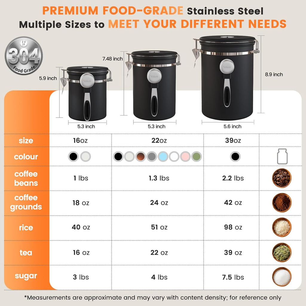 Large Coffee Canister with Window, Kitchen Food Storage Airtight Stainless Steel Container for 2.2Lbs Coffee Beans, Grounds, Rice,Tea, Flour, Cereal, Sugar Jars,Date Tracker and Scoop 39Oz,Black