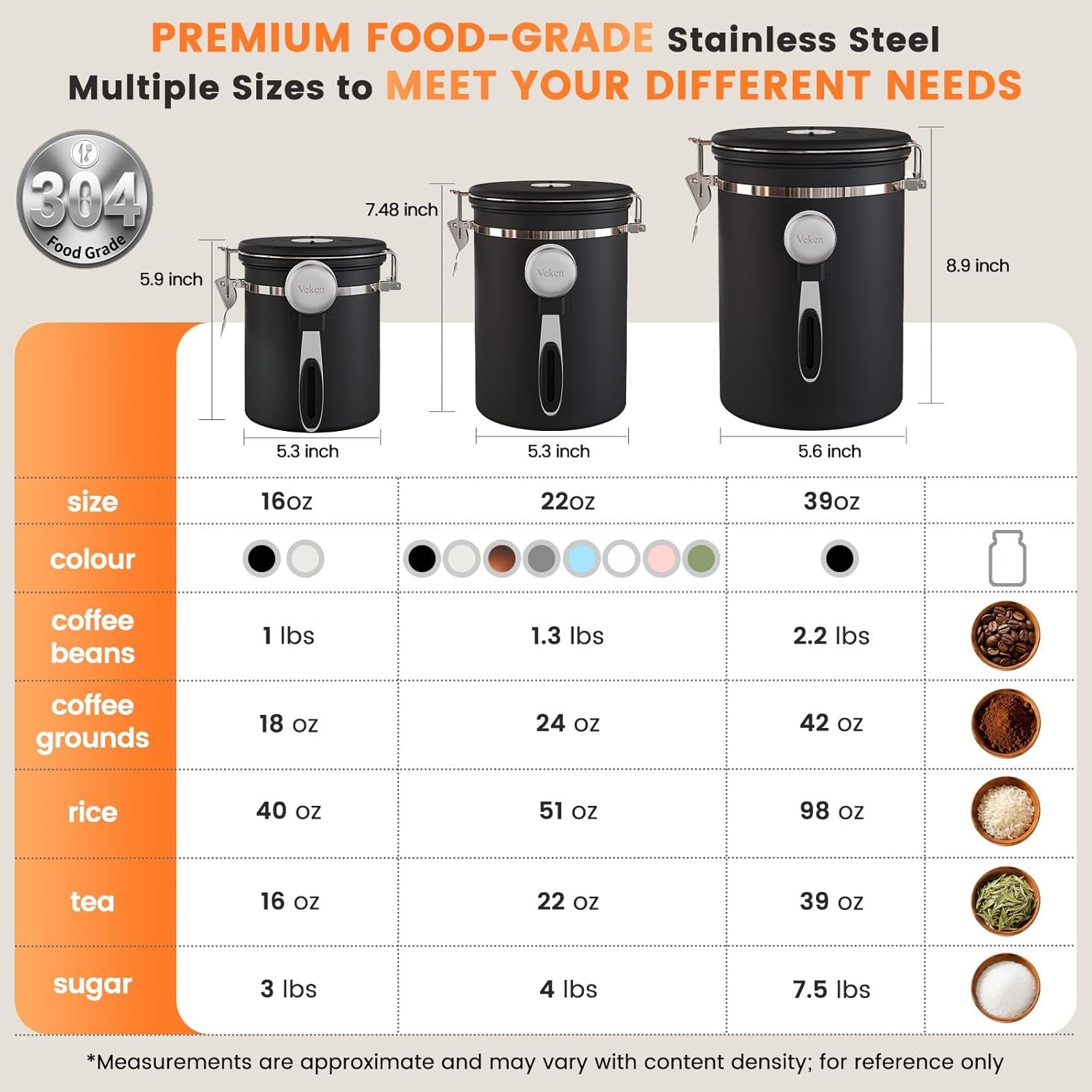 Large Coffee Canister with Window, Kitchen Food Storage Airtight Stainless Steel Container for 2.2Lbs Coffee Beans, Grounds, Rice,Tea, Flour, Cereal, Sugar Jars,Date Tracker and Scoop 39Oz,Black
