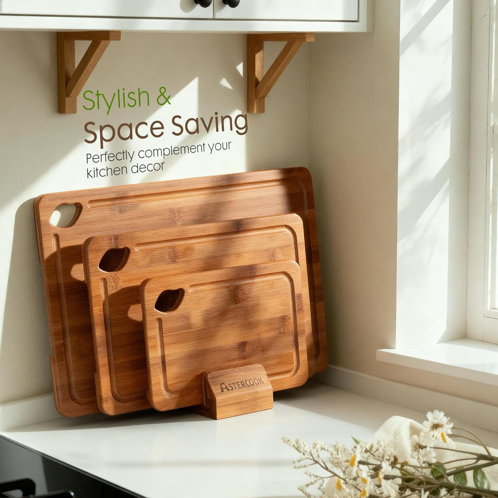 Deep-Carbonized Bamboo Cutting Boards for Kitchen with Wood Storage Stand, Reversible Charcuterie & Chopping Boards with Juice Grooves and Easy-Grip Handles, Mothers Day Gifts