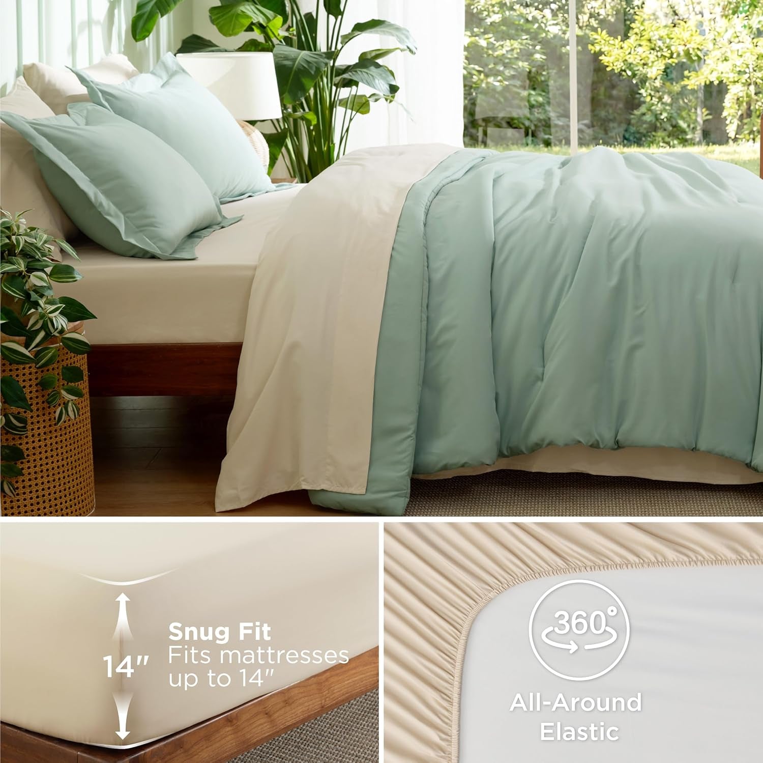 Bedsure Queen Comforter Set - 7 Pieces Sage Green Queen Bedding Set for All Seasons, Boho Contrasting Design Bed in a Bag with Comforter, Sheets, Pillowcases & Shams