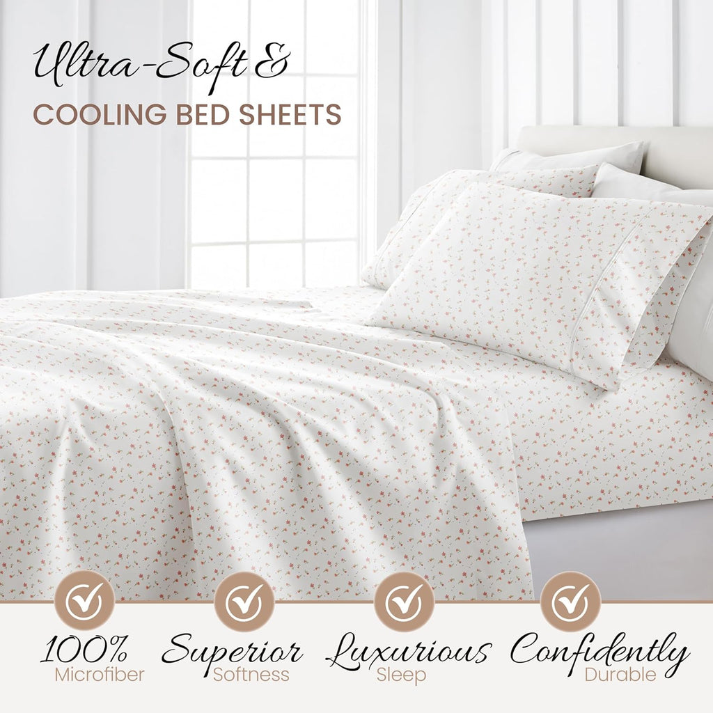 4 Piece Queen Sheet Set - Breathable, Double-Brushed Patterned Cooling Sheets – Oeko-Tex Certified Ultra Soft & Wrinkle-Free 16" Deep-Pocket Queen Sheets - Easy Care Soft Floral Pink