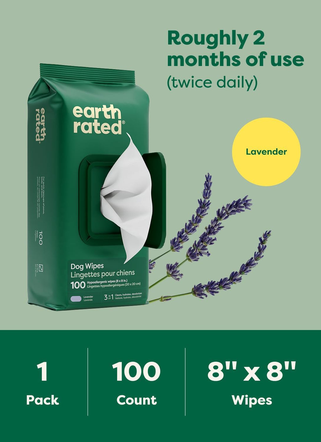 Dog Wipes, Hypoallergenic, 3-In-1 Cleaning and Hydrating, for Grooming Paws, Body and Butt, Lavender Scented, 100 Count