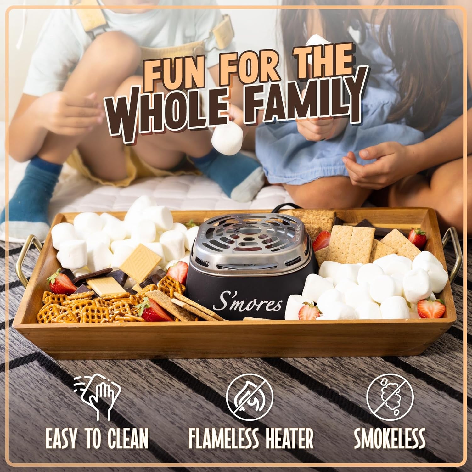 Tabletop Indoor Electric S'Mores Maker - Smores Kit with Marshmallow Roasting Sticks and 4 Trays for Graham Crackers, Chocolate, and Marshmallows - Movie Night Supplies - Black