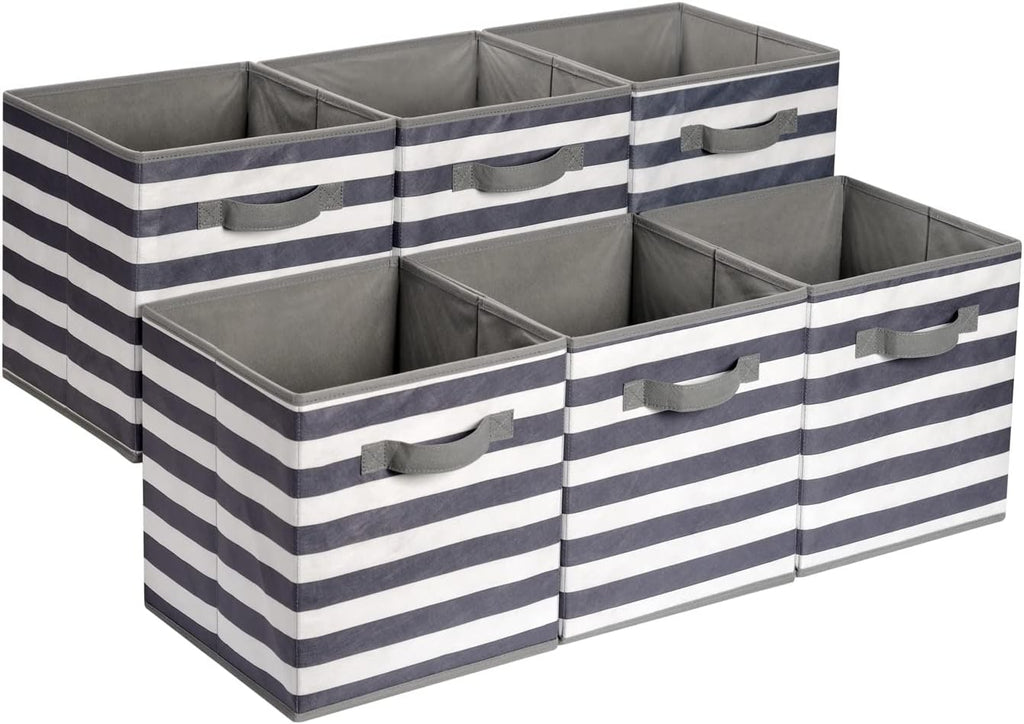 Collapsible Fabric Storage Bins with Handles, Cube Organizer for Home Organization, .5"X.5"X11", White/Light Grey Stripe, 6-Pack