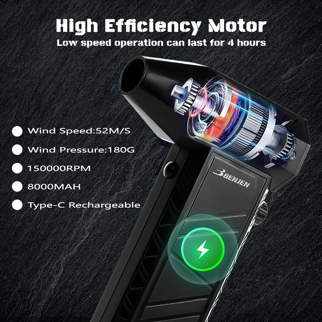 Compressed Air Duster-150000Rpm Electric Air Duster for Cleaning Keyboard & PC Infinitely Adjustable Speed Cordless Turbo Fan Turbo Dryer Blower for Car, Air Bed, Outdoors, Home.