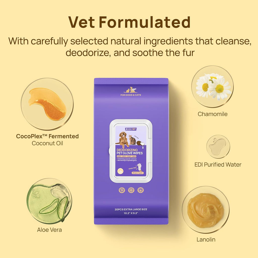 Cleaning Deodorizing Glove Wipes for Dogs & Cats, Vet Recommended Hypoallergenic Hydrating & Nourish Fur Pet Grooming Glove Wipes, Pet Bathing Wipes for Horse Coat Care, 6Pcs Coconut Scent