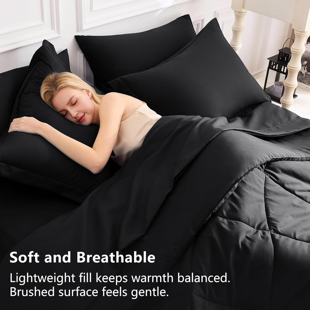 Queen Comforter Set Black - Bed in a Bag Queen Size 7 Pieces, Luxury Soft Bed Set for All Seasons, Bedding Set with down Alternative Comforter, Sheets, Pillowcases & Shams