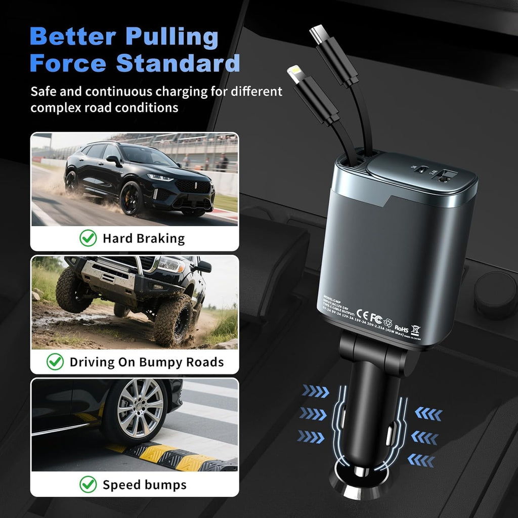 Retractable Car Charger 4 in 1, Car Charger USB C Fast Charge 84W Cigarette Lighter USB Charger, Travel Essentials Car Accessories Gifts for Men Women for Iphone 17 16 15 14 13 12 Pro Max, Samsung