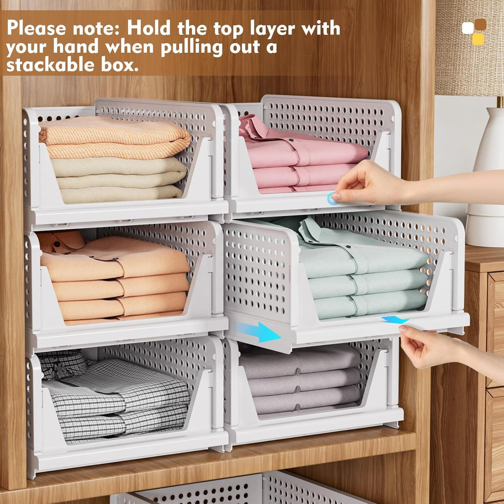 5 Pack Stackable Closet Storage Basket, Multifunctional & Foldable Closet Organizer for Bathroom Kitchen Laundry Room Wardrobe Storage, Space-Saving Clothes Storage Drawer Organizer, White