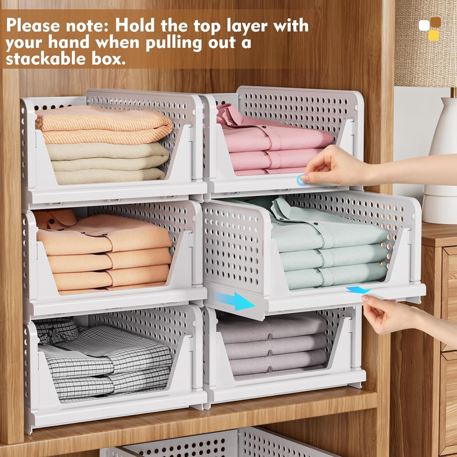 5 Pack Stackable Closet Storage Basket, Multifunctional & Foldable Closet Organizer for Bathroom Kitchen Laundry Room Wardrobe Storage, Space-Saving Clothes Storage Drawer Organizer, White