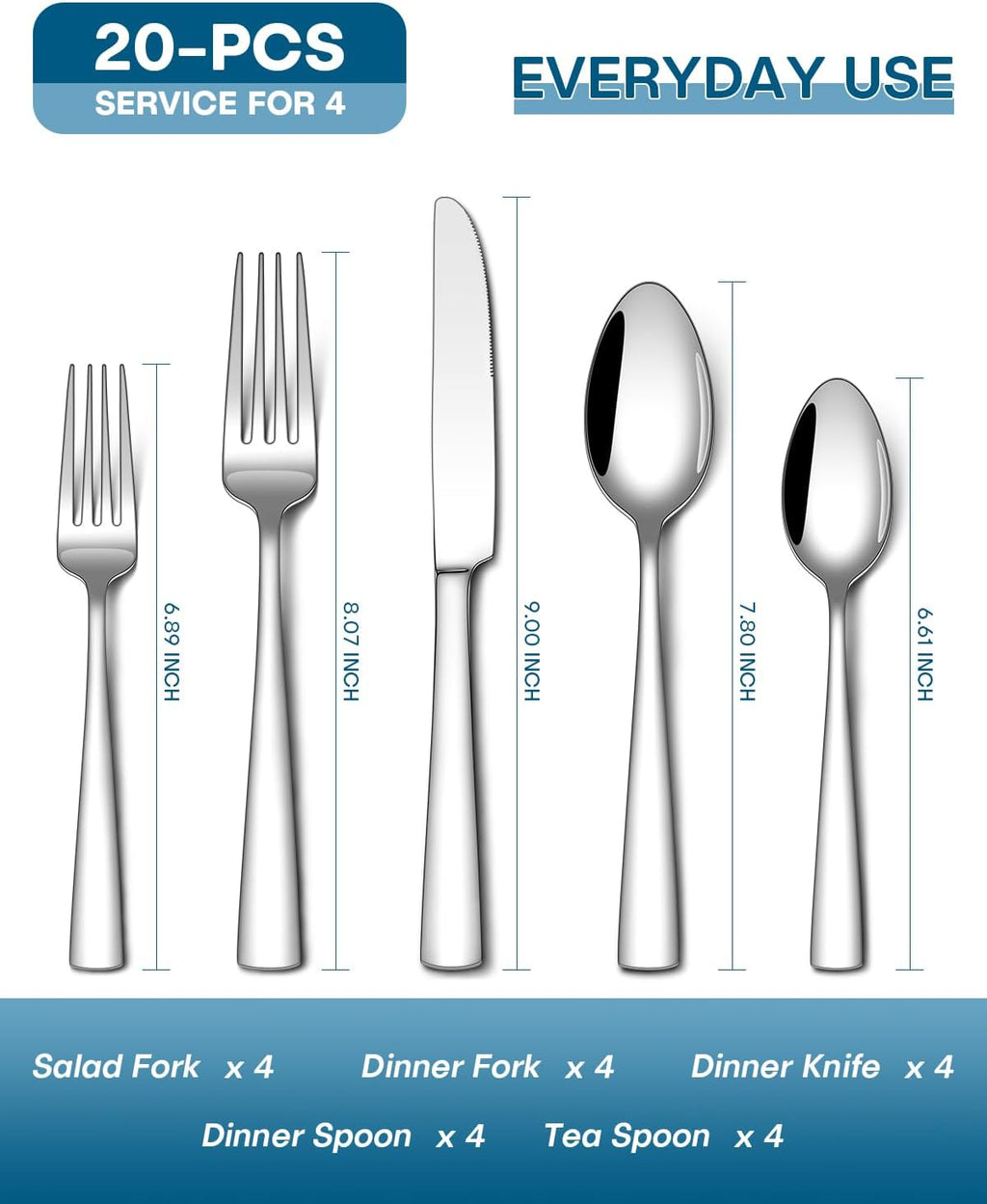 20 Piece Silverware Set, Food-Grade Stainless Steel Flatware Sets for 4 Mirror Polished Cutlery Utensil Sets Include Dinner Knives Spoons and Forks Set Dishwasher Safe for Home Restaurant
