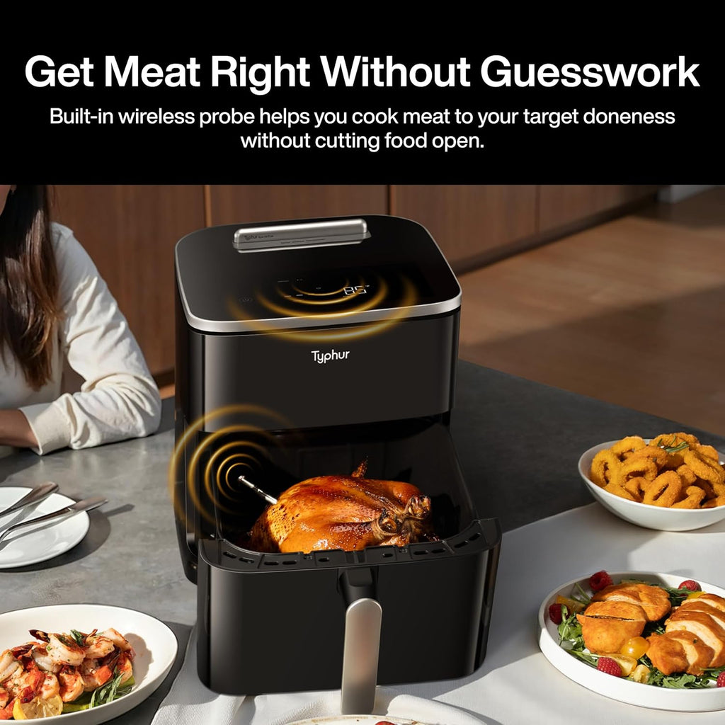 Sync 8QT AI Smart Air Fryer with Built-In Wireless Meat Thermometer, 9-In-1 XL Non Toxic Ceramic Airfryer, 450°F Max, Cooks 6Lb Whole Chicken, Quiet & Dishwasher Safe, 120V