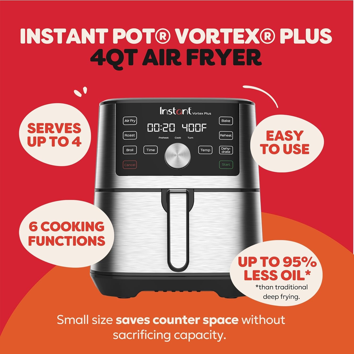 4QT Vortex plus 6-In-1 Mini Air Fryer, Custom Program Options, Crisps, Broils, Roasts, Dehydrates, Bakes, Reheats, 100+ In-App Recipes, Stainless Steel,4 Quarts