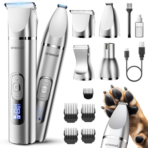 4 in 1 Dog Grooming Kit with LCD Display, Dog Hair Trimmer for Paw Nail Grinder, Rechargeable Cordless Low Noise IPX7 Waterproof Pet Clippers