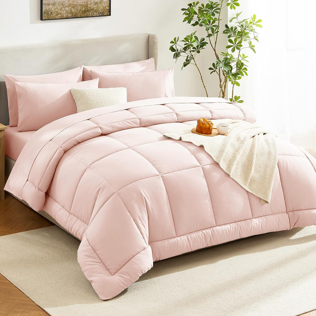 Full Size Comforter Sets Blush Pink, 7 Pieces Bed in a Bag, Pink Comforter Full Size, All Season Bedding Sets with Stitch Quilted Comforter, Flat Sheet, Fitted Sheet, Pillowcases