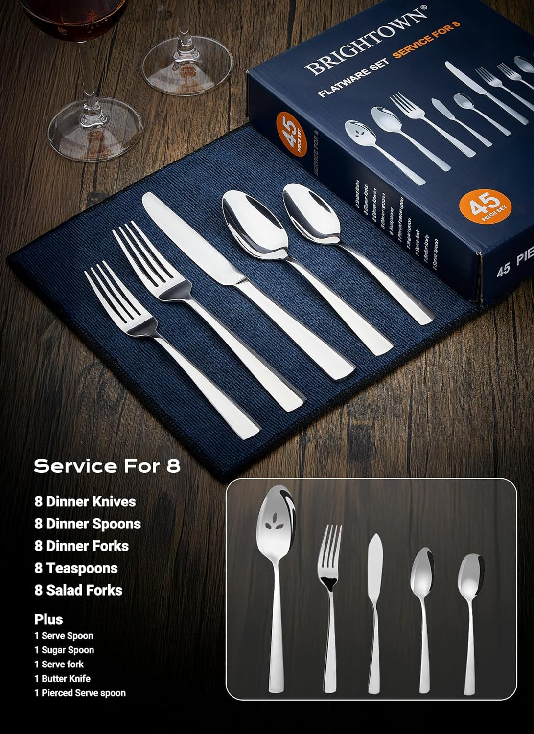 45-Piece Flatware Sets, Silverware Set for 8, Durable Stainless Steel Tableware in Ergonomic Design Size and Weight, Kitchen Utensils Set with Steak Knives, Rust-Proof, Dishwasher Safe