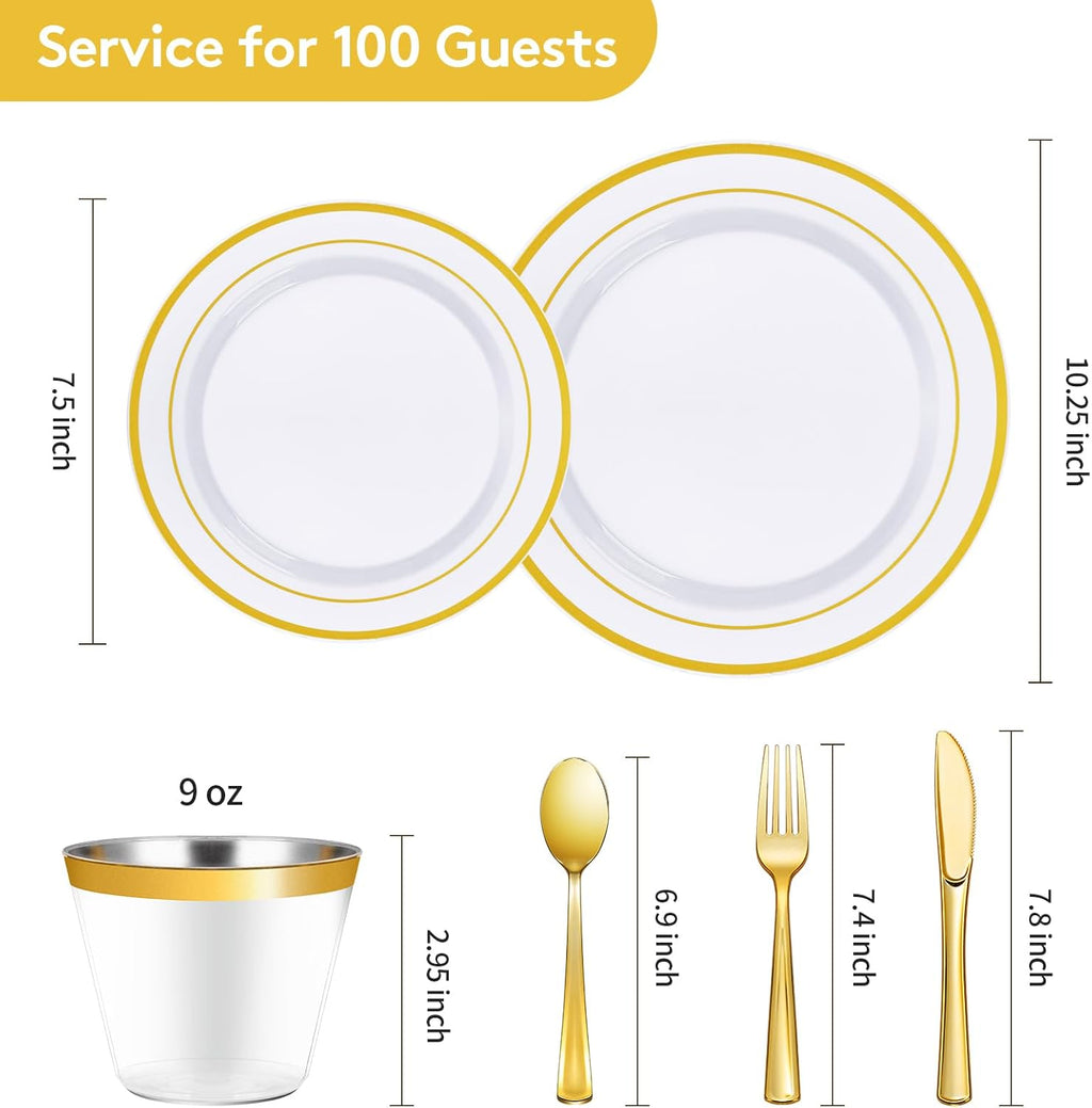 600 Pieces Gold Disposable Plates for 100 Guests, Plastic Plates for Party, Dinnerware Set of 100 Dinner and 100 Dessert Plates, 100 Spoons, 100 Forks, 100 Knives, 100 Cups
