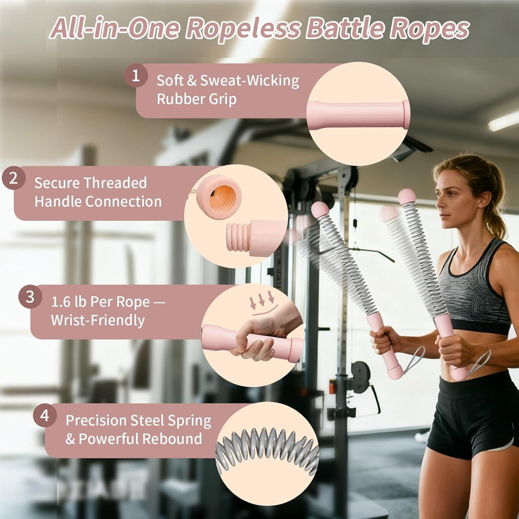 Ropeless Battle Ropes Weighted — 2 Pack Portable Cordless Battle Ropes for HIIT & Cardio Full-Body Workout Tool with Non-Slip Spiral Handles, Travel-Friendly Home Gym Equipment for Women & Men