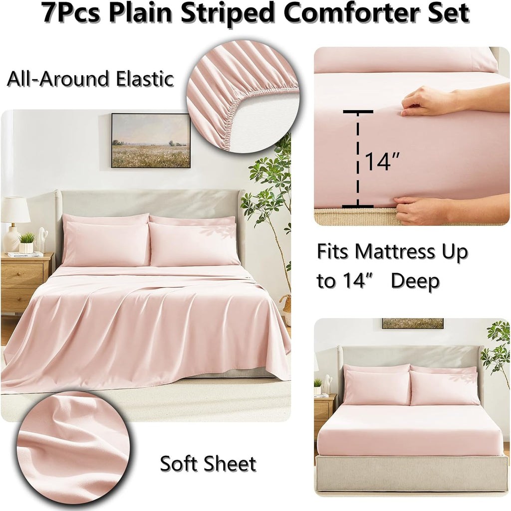 Full Size Comforter Sets Blush Pink, 7 Pieces Bed in a Bag, Pink Comforter Full Size, All Season Bedding Sets with Stitch Quilted Comforter, Flat Sheet, Fitted Sheet, Pillowcases