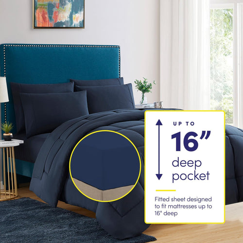 5 Piece Comforter Set Bag Solid Color All Season Soft down Alternative Blanket & Luxurious Microfiber Bed Sheets, Navy, Twin