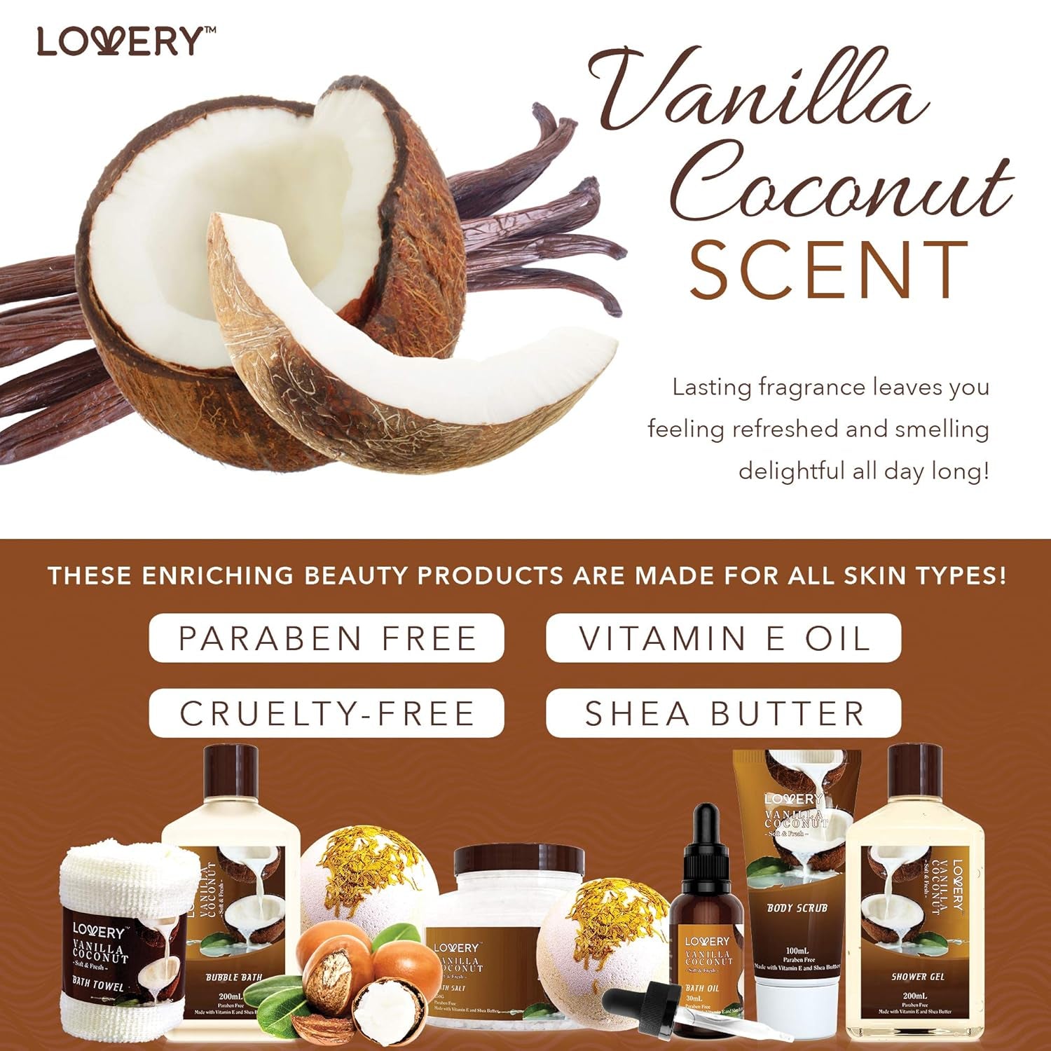 Gifts for Women Gift Basket for Women– 9 Piece Set of Vanilla Coconut Home Spa Set, Luxurious Gifts for Her, Bath and Body Sets Includes Fragrant Lotions, Large Bath Bombs, Coconut Oil