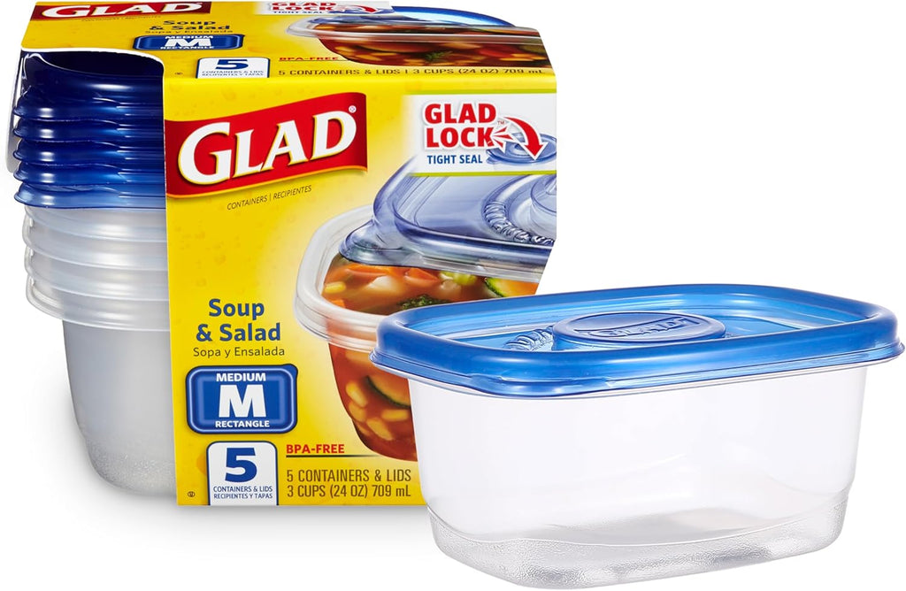 ware Medium Rectangle Food Storage Containers with Lids, BPA Free Plastic for Soups Salads and Meal Prep, Airtight Leak Resistant, Microwave Dishwasher Freezer Safe, 24 Oz, 5 Count